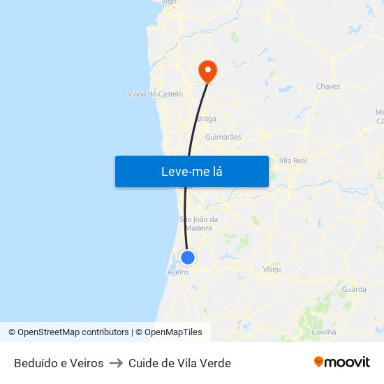 Beduído e Veiros to Cuide de Vila Verde map