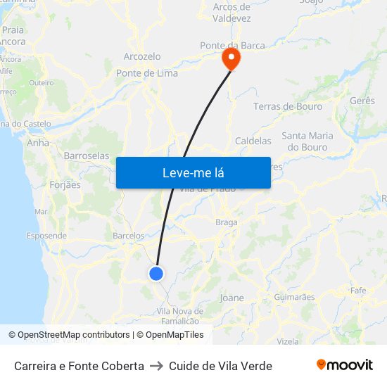 Carreira e Fonte Coberta to Cuide de Vila Verde map