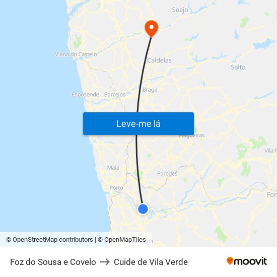 Foz do Sousa e Covelo to Cuide de Vila Verde map