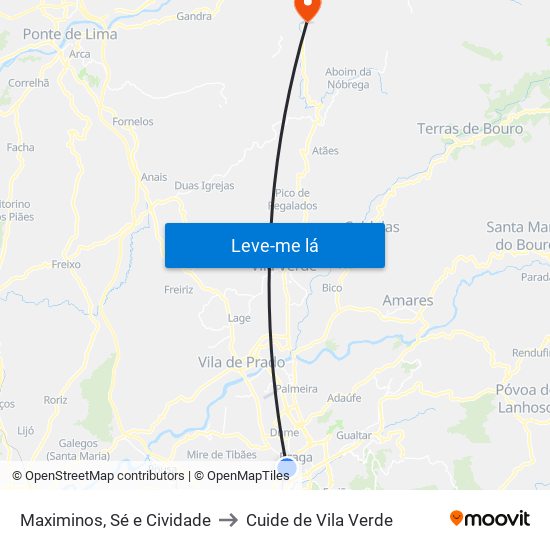 Maximinos, Sé e Cividade to Cuide de Vila Verde map