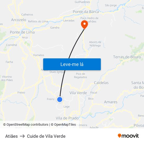 Atiães to Cuide de Vila Verde map