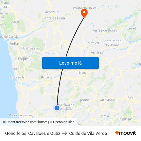 Gondifelos, Cavalões e Outiz to Cuide de Vila Verde map