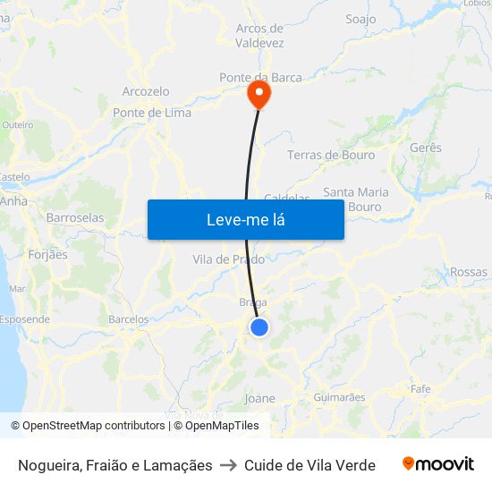 Nogueira, Fraião e Lamaçães to Cuide de Vila Verde map