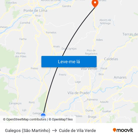 Galegos (São Martinho) to Cuide de Vila Verde map