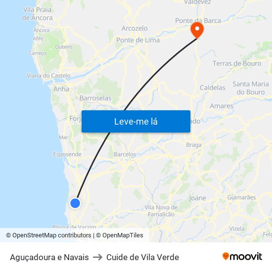Aguçadoura e Navais to Cuide de Vila Verde map