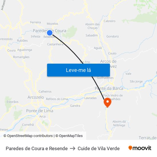 Paredes de Coura e Resende to Cuide de Vila Verde map