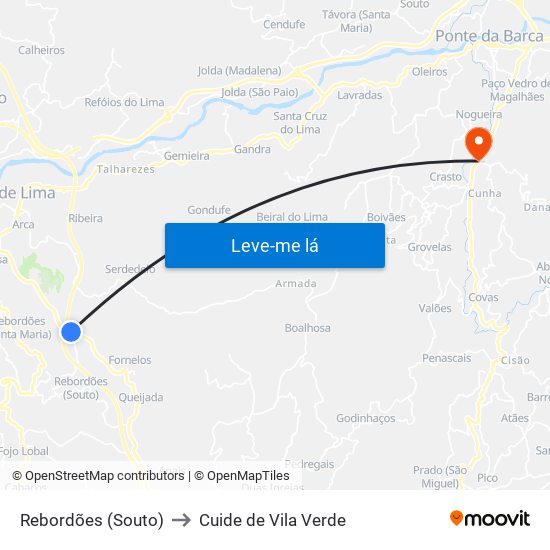 Rebordões (Souto) to Cuide de Vila Verde map