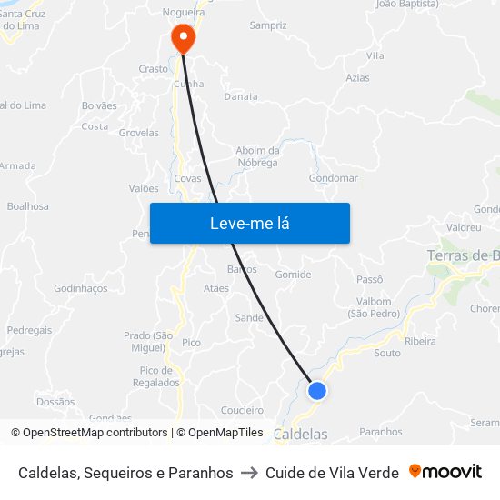 Caldelas, Sequeiros e Paranhos to Cuide de Vila Verde map