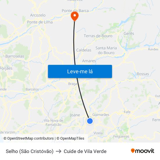 Selho (São Cristóvão) to Cuide de Vila Verde map