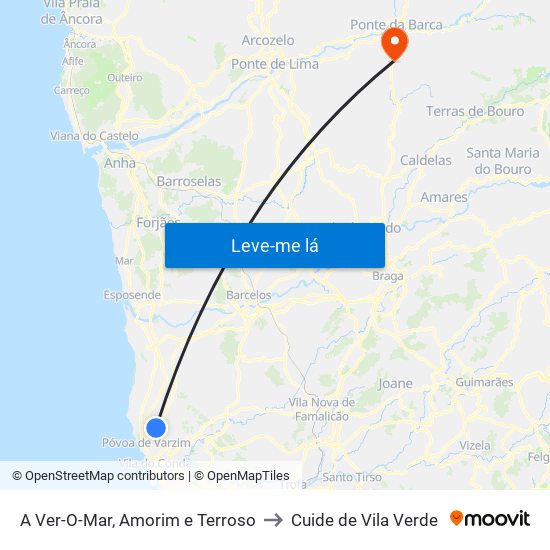 A Ver-O-Mar, Amorim e Terroso to Cuide de Vila Verde map