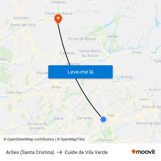 Arões (Santa Cristina) to Cuide de Vila Verde map