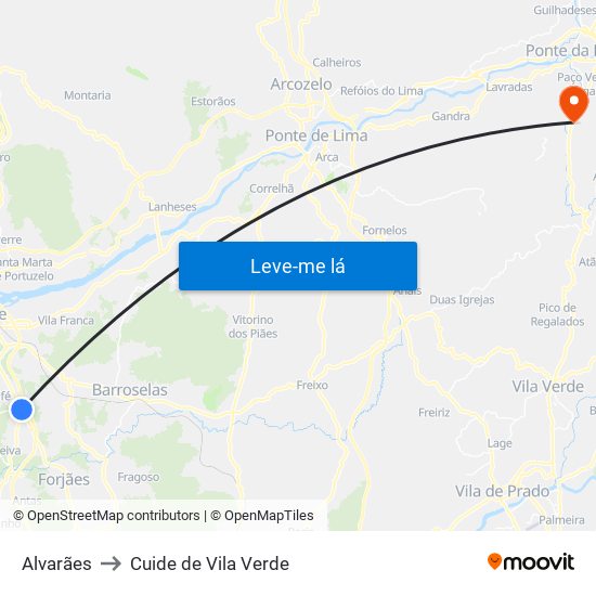 Alvarães to Cuide de Vila Verde map