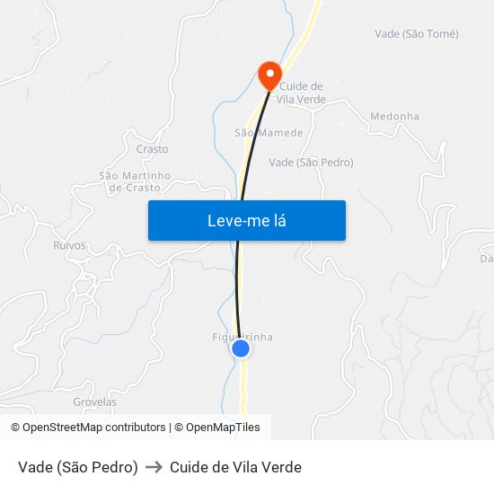 Vade (São Pedro) to Cuide de Vila Verde map