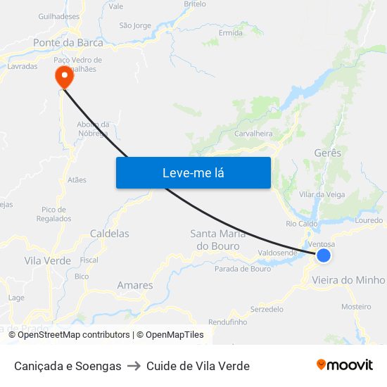 Caniçada e Soengas to Cuide de Vila Verde map