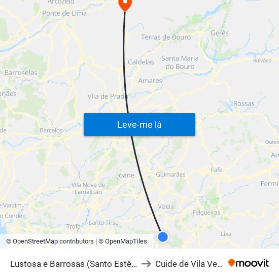 Lustosa e Barrosas (Santo Estêvão) to Cuide de Vila Verde map