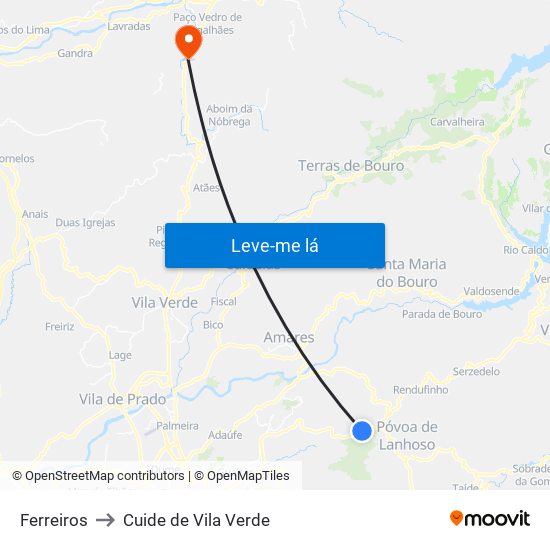 Ferreiros to Cuide de Vila Verde map