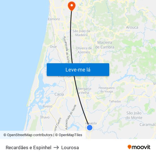 Recardães e Espinhel to Lourosa map