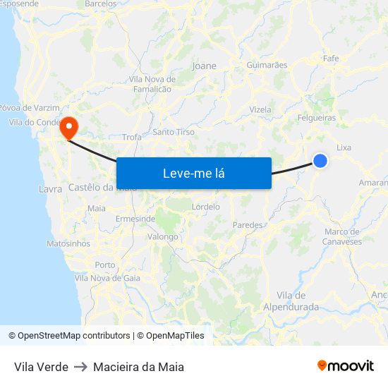 Vila Verde to Macieira da Maia map