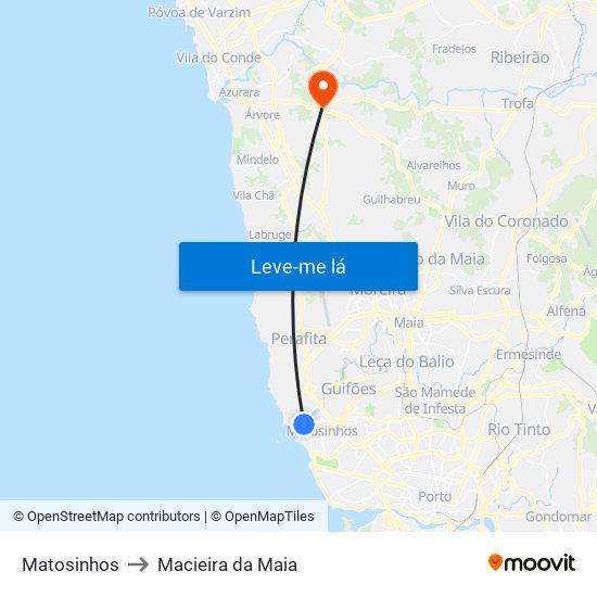 Matosinhos to Macieira da Maia map