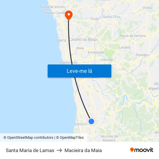 Santa Maria de Lamas to Macieira da Maia map