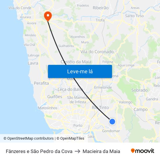 Fânzeres e São Pedro da Cova to Macieira da Maia map