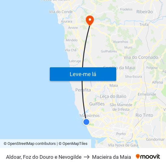 Aldoar, Foz do Douro e Nevogilde to Macieira da Maia map