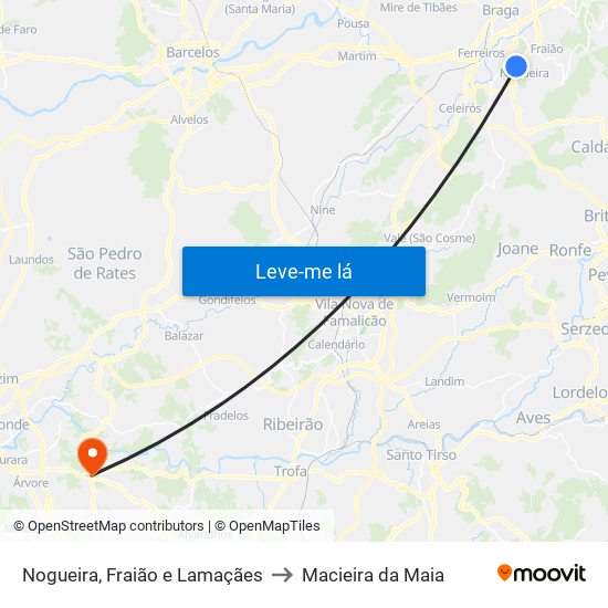 Nogueira, Fraião e Lamaçães to Macieira da Maia map