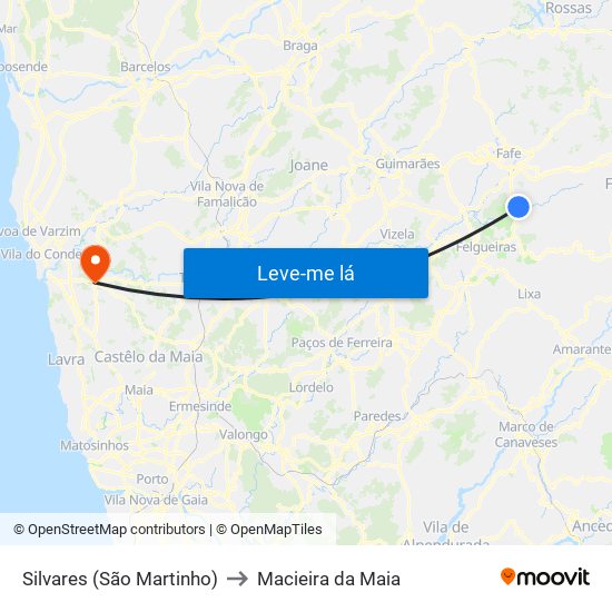 Silvares (São Martinho) to Macieira da Maia map