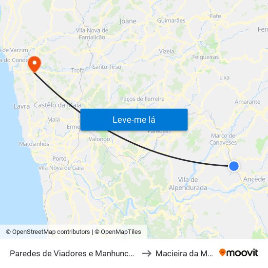 Paredes de Viadores e Manhuncelos to Macieira da Maia map