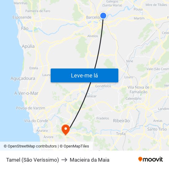 Tamel (São Veríssimo) to Macieira da Maia map