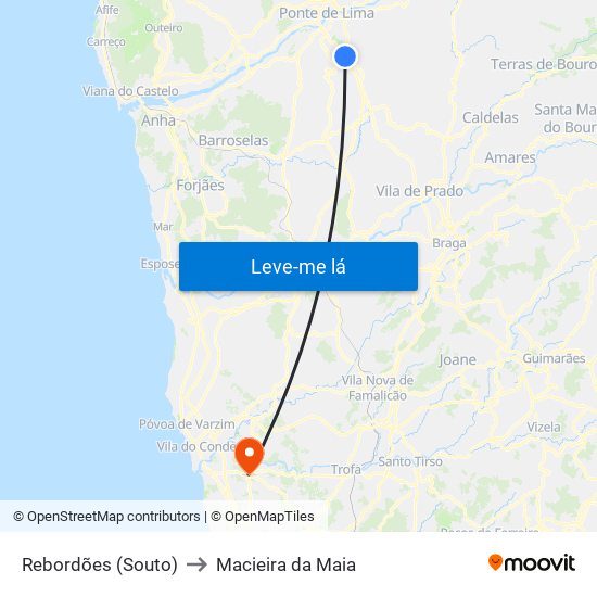 Rebordões (Souto) to Macieira da Maia map