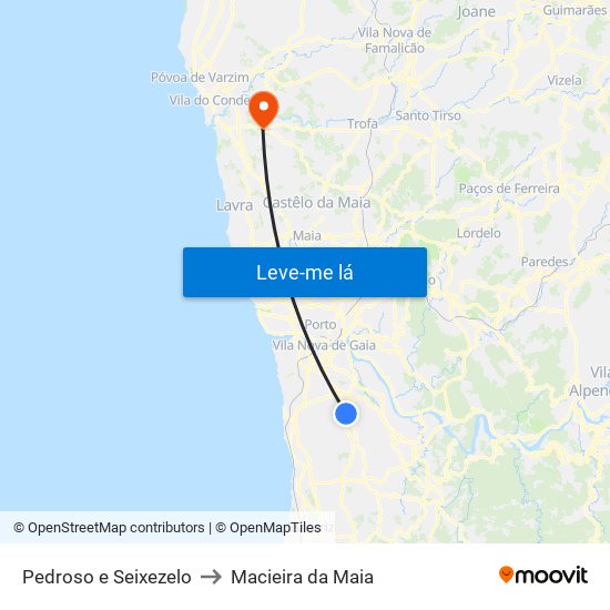 Pedroso e Seixezelo to Macieira da Maia map