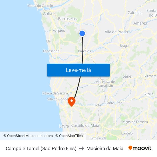 Campo e Tamel (São Pedro Fins) to Macieira da Maia map