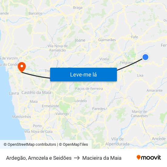 Ardegão, Arnozela e Seidões to Macieira da Maia map