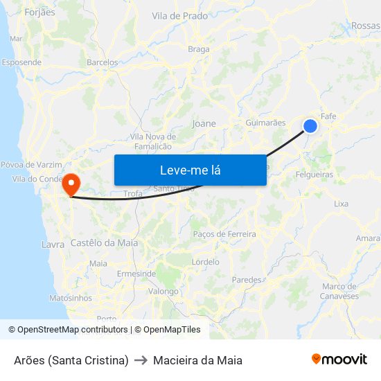 Arões (Santa Cristina) to Macieira da Maia map