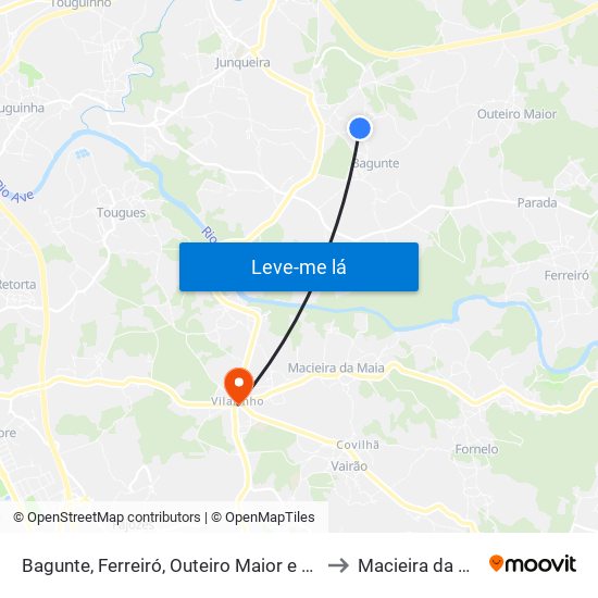 Bagunte, Ferreiró, Outeiro Maior e Parada to Macieira da Maia map