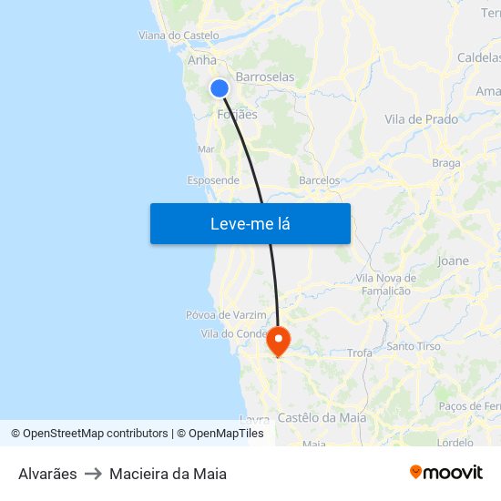 Alvarães to Macieira da Maia map