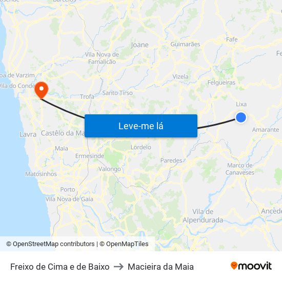 Freixo de Cima e de Baixo to Macieira da Maia map