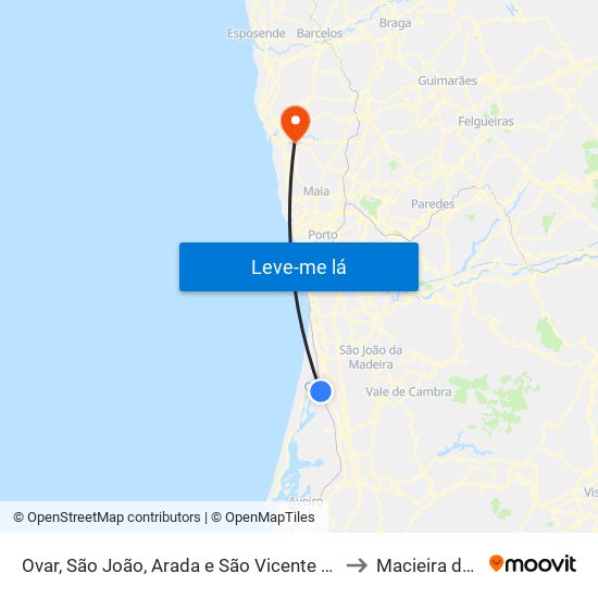 Ovar, São João, Arada e São Vicente de Pereira Jusã to Macieira da Maia map