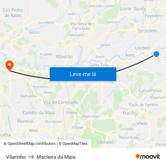 Vilarinho to Macieira da Maia map