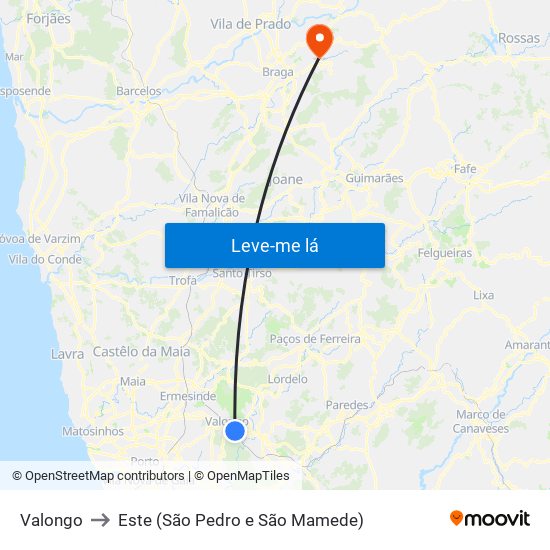 Valongo to Este (São Pedro e São Mamede) map