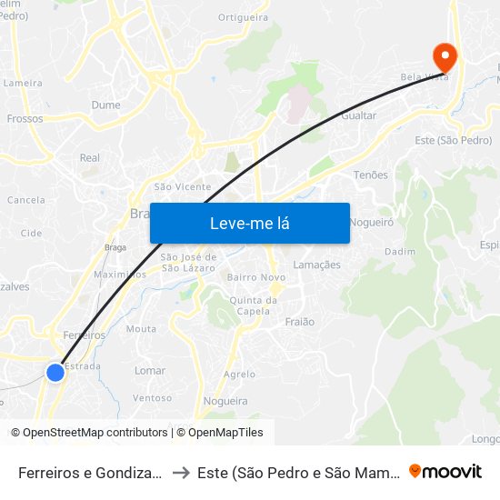 Ferreiros e Gondizalves to Este (São Pedro e São Mamede) map