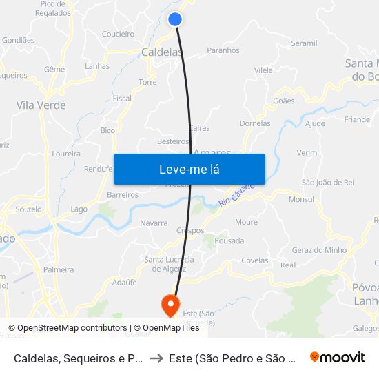 Caldelas, Sequeiros e Paranhos to Este (São Pedro e São Mamede) map