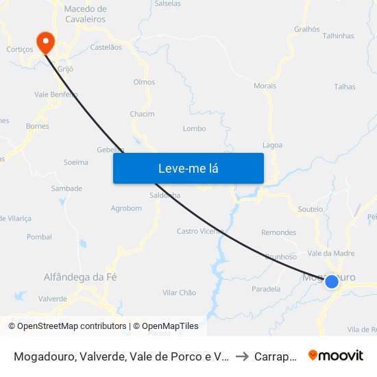 Mogadouro, Valverde, Vale de Porco e Vilar de Rei to Carrapatas map
