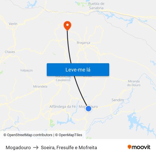 Mogadouro to Soeira, Fresulfe e Mofreita map