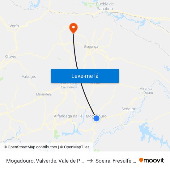 Mogadouro, Valverde, Vale de Porco e Vilar de Rei to Soeira, Fresulfe e Mofreita map