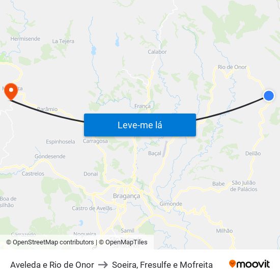 Aveleda e Rio de Onor to Soeira, Fresulfe e Mofreita map