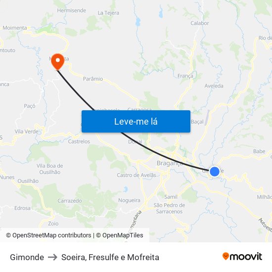 Gimonde to Soeira, Fresulfe e Mofreita map