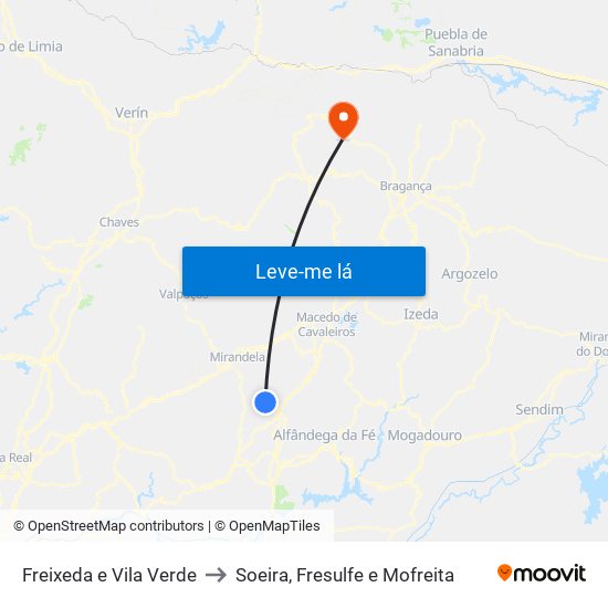 Freixeda e Vila Verde to Soeira, Fresulfe e Mofreita map
