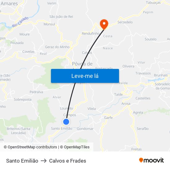 Santo Emilião to Calvos e Frades map